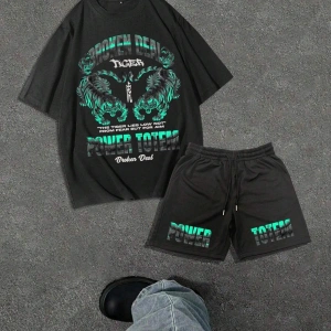 Erkek Rahat Yaz Takımı - Kısa Kollu Harf ve Grafik Baskı No Tişört Ve Şort Takımı