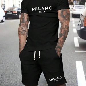 Erkek Rahat Yaz Takımı - Kısa Kollu Harf ve Grafik Baskı No Tişört Ve Şort Takımı