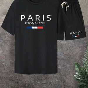 Erkek Rahat Yaz Takımı - Kısa Kollu Harf ve Grafik Baskı No Tişört Ve Şort Takımı