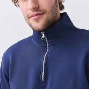 Erkek Relaxed Fit Yarım Fermuarlı Dik Yaka Sweatshirt Siyah Siyah