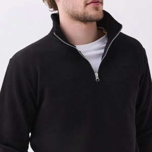 Erkek Relaxed Fit Yarım Fermuarlı Dik Yaka Sweatshirt Siyah Siyah