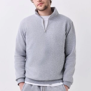 Erkek Relaxed Fit Yarım Fermuarlı Dik Yaka Sweatshirt Siyah Siyah
