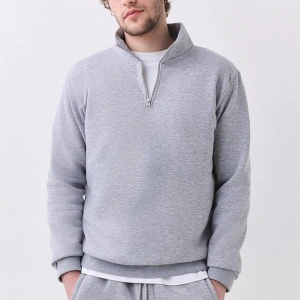 Erkek Relaxed Fit Yarım Fermuarlı Dik Yaka Sweatshirt Siyah Siyah