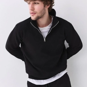 Erkek Relaxed Fit Yarım Fermuarlı Dik Yaka Sweatshirt Siyah Siyah