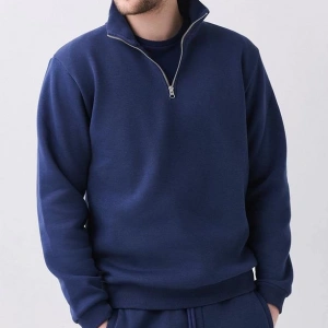 Erkek Relaxed Fit Yarım Fermuarlı Dik Yaka Sweatshirt Siyah Siyah