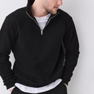 Erkek Relaxed Fit Yarım Fermuarlı Dik Yaka Sweatshirt Siyah Siyah