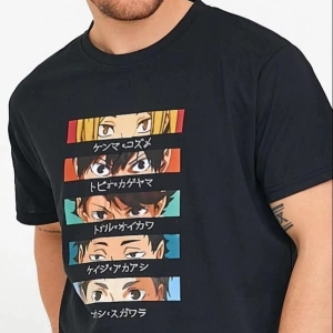 Erkek Siyah Anime Baskılı Oversize Bisiklet Yaka Tişört