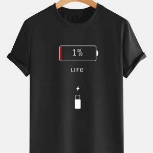 Erkek Siyah Batarya Baskılı Bisiklet Yaka Tişört