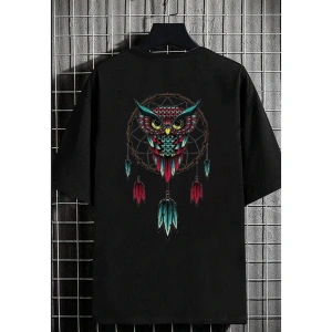 Erkek Siyah Baykuş Oversize Bisiklet Yaka Tshirt