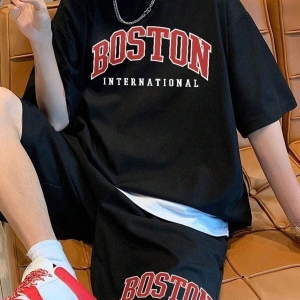 Erkek Siyah Boston International Baskılı Oversize Şortlu Takım Tw-bstontakims