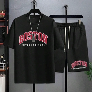Erkek Siyah Boston International Baskılı Oversize Şortlu Takım Tw-bstontakims