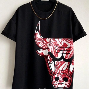 Erkek Siyah Büyük Logo Bulls Baskılı Oversize Bisiklet Yaka Tişört
