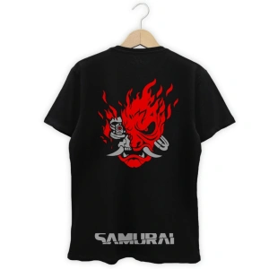 Erkek Siyah Cyberpunk  Samurai Sırt Baskılı Tişört 2077