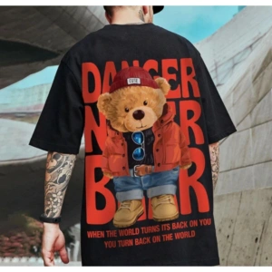 Erkek Siyah Danger Bear Baskılı Oversize Bisiklet Yaka T-shirt
