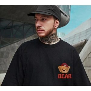 Erkek Siyah Danger Bear Baskılı Oversize Bisiklet Yaka T-shirt