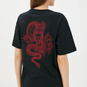 Erkek Siyah Dragon Baskılı Oversize Bisiklet Yaka Tişört