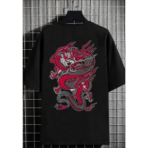 Erkek Siyah Ejderha Oversize Bisiklet Yaka Tshirt