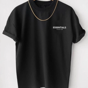 Erkek Siyah Essentials Baskılı Oversize Bisiklet Yaka Kısa Kollu T-shirt