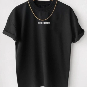 Erkek Siyah Freedom Baskılı Oversize Bisiklet Yaka Kısa Kollu T-shirt