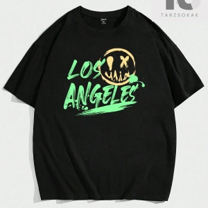 Erkek Siyah Örme Oversize Graffiti Baskılı Yuvarlak Yaka Tişört