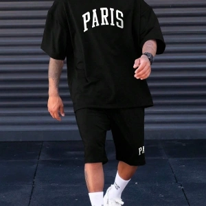 Erkek Siyah Paris Baskılı Oversize Şortlu Takım TS-PARISTKM