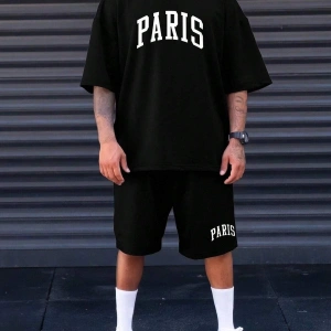 Erkek Siyah Paris Baskılı Oversize Şortlu Takım TS-PARISTKM