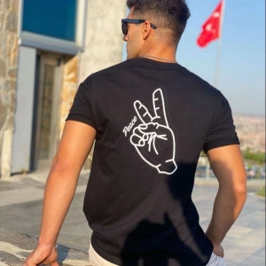 Erkek Siyah Peace Sırt Baskılı Oversize Bisiklet Yaka T-shirt