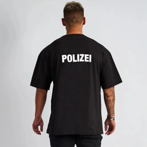 Erkek Siyah Polizai Baskılı Oversize Bisiklet Yaka Tişört