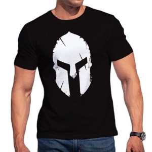 Erkek Siyah Sparthan Baskılı Oversize Bisiklet Yaka Tshirt