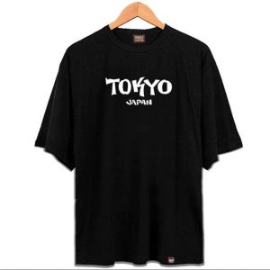 Erkek Siyah Tokyo Baskılı Oversize Bisiklet Yaka Tshirt