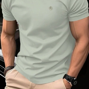 Erkek Slim Fit Grafik Yama Rahat Mürettebat Yaka Kısa Kollu Tişört, Yaz Erkek