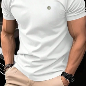 Erkek Slim Fit Grafik Yama Rahat Mürettebat Yaka Kısa Kollu Tişört, Yaz Erkek
