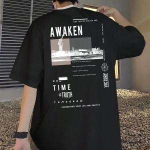 Erkek Slogan Baskılı Düşük Omuzlu Tişört