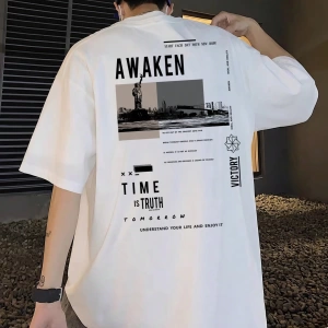 Erkek Slogan Baskılı Düşük Omuzlu Tişört