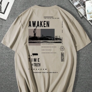Erkek Slogan Baskılı Düşük Omuzlu Tişört