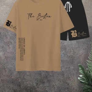 Erkek Slogan Baskılı Mürettebat Yaka Kısa Kollu Günlük Tişört ve Bağcıklı Bel