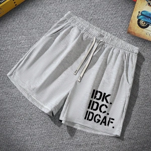 Erkek Slogan Grafik Bağcıklı Bel Şortu Grafik Dışarı Çıkma Moda Bağcıklı Şort