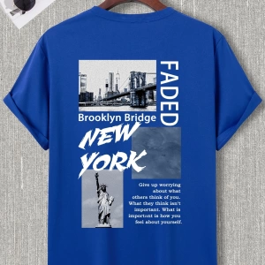Erkek Slogan ve Gökdelenler Baskılı Tişört