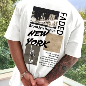 Erkek Slogan ve Gökdelenler Baskılı Tişört
