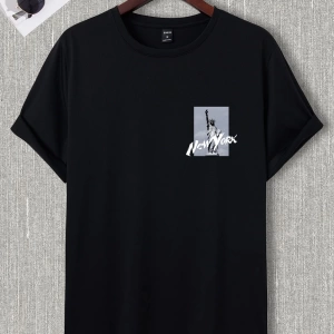 Erkek Slogan ve Gökdelenler Baskılı Tişört