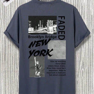 Erkek Slogan ve Gökdelenler Baskılı Tişört