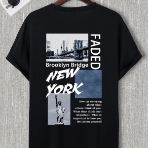 Erkek Slogan ve Gökdelenler Baskılı Tişört