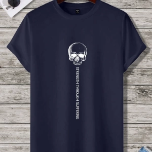 Erkek Slogan ve İskelet Grafik Yuvarlak Yaka Kısa Kollu Günlük Tişört