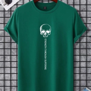 Erkek Slogan ve İskelet Grafik Yuvarlak Yaka Kısa Kollu Günlük Tişört