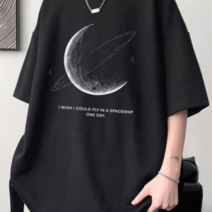 Erkek Tişörtleri Fit Crew Yaka Düşük Omuz Kısa Kollu Grafik Tişört Earth C