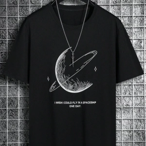 Erkek Tişörtleri Fit Crew Yaka Düşük Omuz Kısa Kollu Grafik Tişört Earth C
