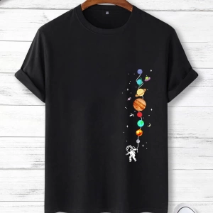 Erkek Tişörtleri Fit Crew Yaka Kısa Kollu Grafik Tişört Astronot Komik Rah