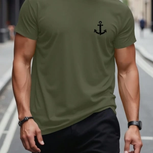 Erkek Tişörtleri Fit Crew Yaka Kısa Kollu Grafik Tişört Çapa Lacivert Rahat Y