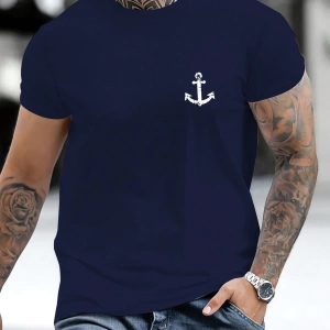 Erkek Tişörtleri Fit Crew Yaka Kısa Kollu Grafik Tişört Çapa Lacivert Rahat Y