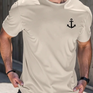 Erkek Tişörtleri Fit Crew Yaka Kısa Kollu Grafik Tişört Çapa Lacivert Rahat Y